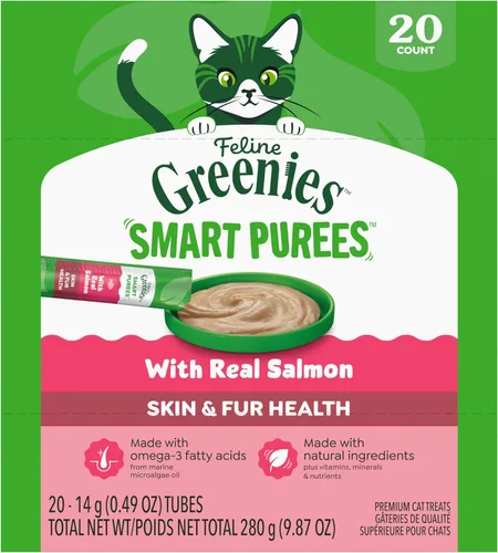 Greenies Feline Smart Purees Skin & Fur Health - Golosinas lamibles para gatos con salmón real, tubos de 0.49 onzas, 20 unidades