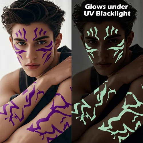 Miniatura 3 de 12 tatuajes temporales morados que brillan en la oscuridad, tatuajes falsos de baile para cosplay, Halloween, festival de música, maquillaje