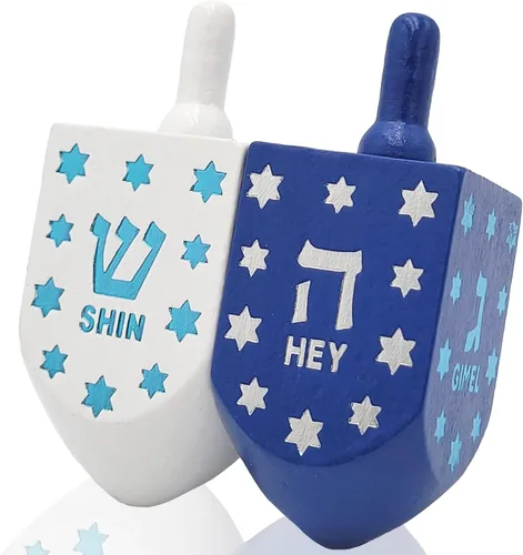 The Dreidel Company Dreidels de madera pintados a mano extra grandes para Hanukkah, diseño de estrella azul y blanca, paquete de 2