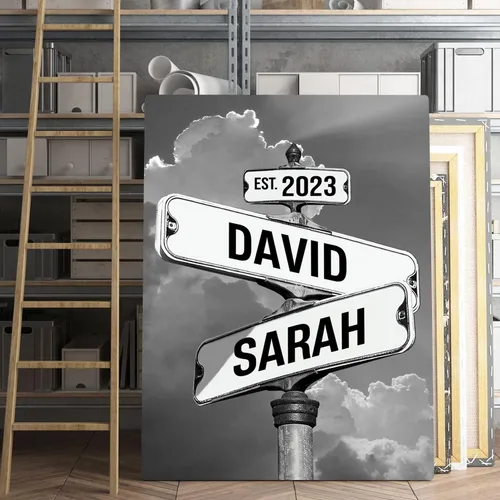 Miniatura 2 de Cartel de calle vintage de lienzo personalizado para parejas, cartel de cruce de caminos con nombre personalizado, el mejor regalo para parejas