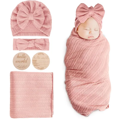 Miniatura 14 de DRESHOW BQUBO Mantas envolventes para bebés niñas, juego de 4 accesorios para recién nacidos con gorro a juego y cinta con moño con tarjeta de 1