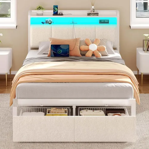 Miniatura 17 de Rolanstar Armazón de cama tamaño completo con estación de carga y luces LED, cabecera tapizada con estantes de almacenamiento, listones de metal