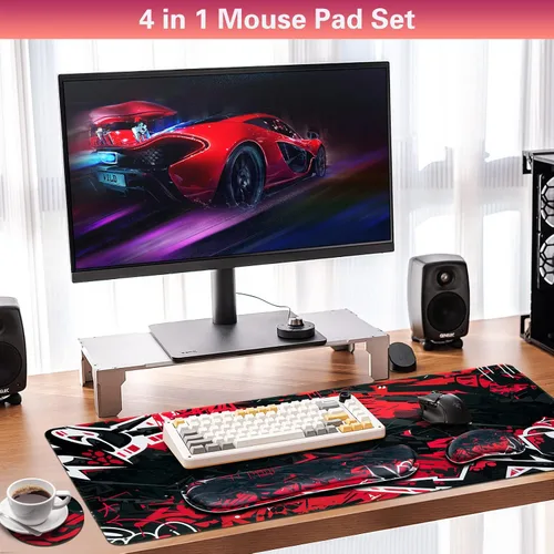 Miniatura 2 de Set de Alfombrilla de Ratón para Juegos Canjoy, 4-en-1 XXL Grande Alfombrilla de Ratón + Reposamuñecas para Teclado + Portavasos, (89.9×39.9 cm)