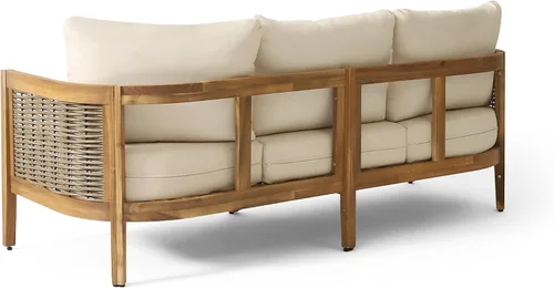 Miniatura 8 de Merax Sofá de mimbre de madera de acacia al aire libre de 76.5 pulgadas, sofá de 3 plazas para patio trasero