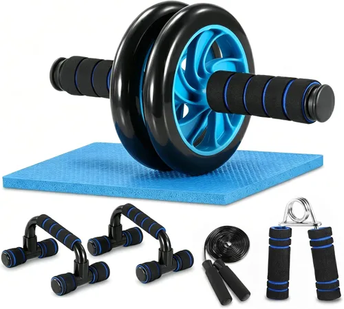 TOMSHOO - Kit de rodillos de rueda AB con barra de empuje, alfombrilla para rodillas, cuerda de saltar y agarre de mano - Entrenamiento de gimnasio