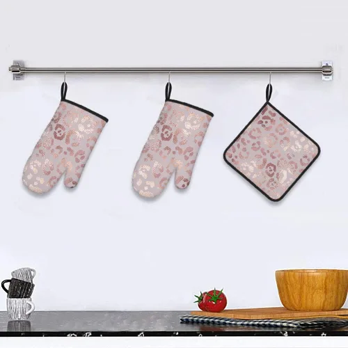 Miniatura 6 de Mxocom Juego de 3 guantes de horno y agarraderas de leopardo de oro rosa para cocina, cocina, hornear, asar a la parrilla, almohadillas calientes