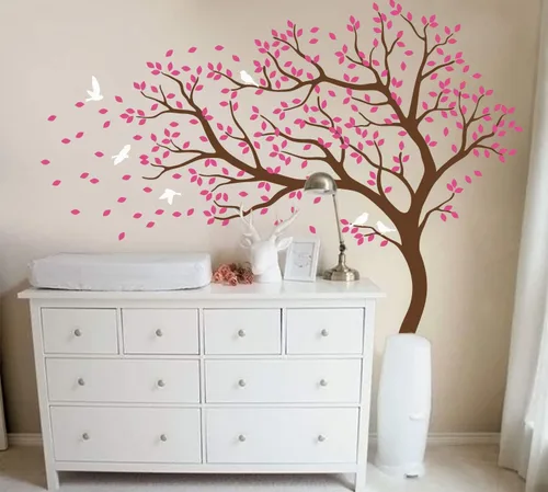 Miniatura 10 de Vinilo decorativo para pared de árbol grande con pájaros y hojas que soplan en el viento, adhesivo mural de bosque