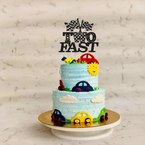 Miniatura 5 de Gyufise 1 pieza de decoración de pastel de cumpleaños con dos banderas negras con purpurina a cuadros para coche de carreras de 2º cumpleaños
