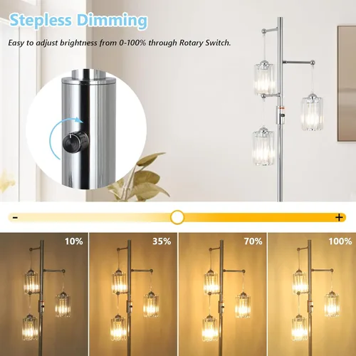 Miniatura 2 de Lámpara de pie moderna de cristal para sala de estar, lámpara de pie regulable de 3 luces, lámpara de árbol industrial plateada con pantalla