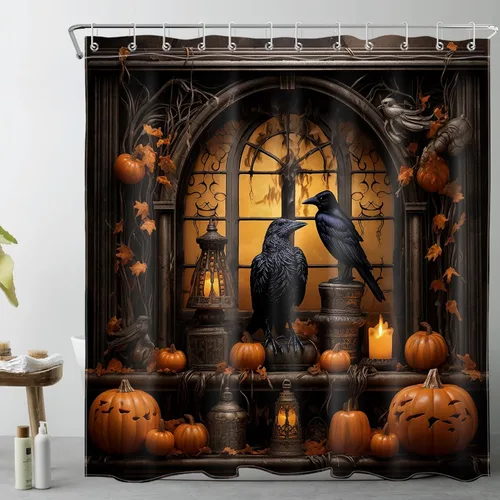 Miniatura 28 de LB Cortina de ducha de feliz Halloween para baño, flamenco rosa y calabaza naranja con sombrero mágico, cortina de ducha de tela con ganchos, juego