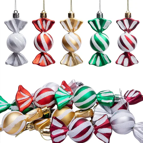 15 adornos colgantes de Navidad con purpurina, coloridas decoraciones de árbol de menta, dulces X'Mas inastillables con cuerdas para árbol de