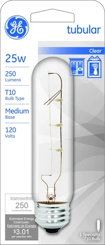 Miniatura 2 de GE Bombilla incandescente para electrodomésticos, bombilla tubular T10, 25 vatios, 250 lúmenes, base media, blanco cálido, 1 unidad, bombilla