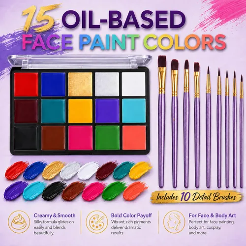 Miniatura 2 de UCANBE Paleta de aceite de pintura facial y cuerpo + juego de 10 pinceles, kit de maquillaje profesional de 15 colores para Halloween, cosplay