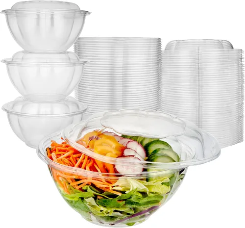 Stock Your Home Tazones para ensaladas de plástico transparente de 32 onzas con tapas desechables (paquete de 50 unidades), recipiente mediano para