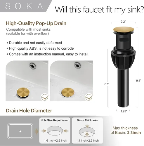 Miniatura 4 de SOKA Grifo dorado para lavabo de baño con cascada, grifo de lavabo de un solo orificio con drenaje emergente, grifo moderno para fregadero de tocador