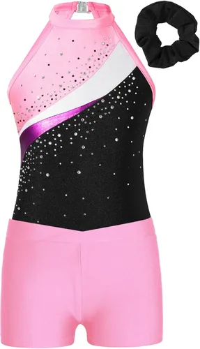 Miniatura 3 de Kids Girls Ballet Dance Outfits Shiny Sleeveless Gymnastic Leotard with Athletic Shorts Hair Band Tracksuit
