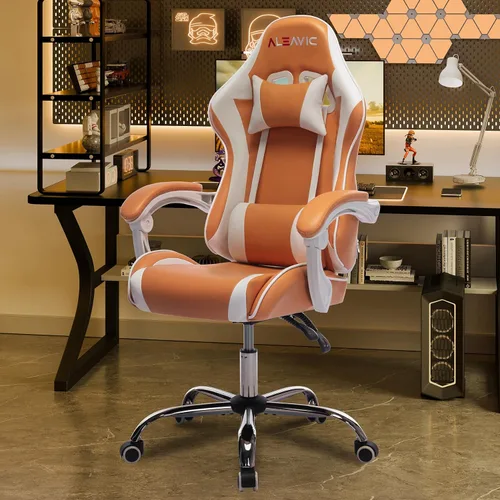Miniatura 4 de Silla de juegos para adultos, silla ergonómica de respaldo alto para juegos de computadora con reposacabezas y soporte lumbar, color naranja