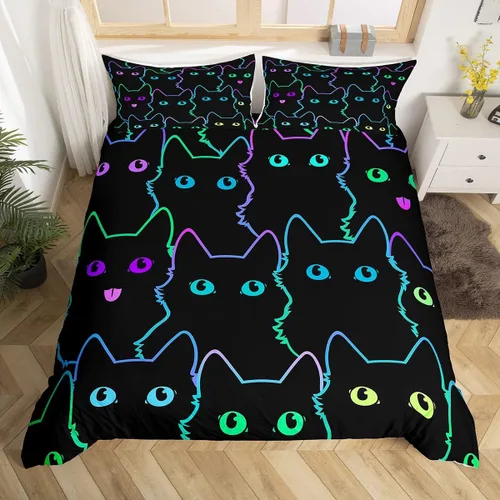 Miniatura 3 de Juego de ropa de cama con diseño de dibujos animados para niñas, niños, mascotas, gatos, funda de edredón con luz de neón, funda de edredón colorida