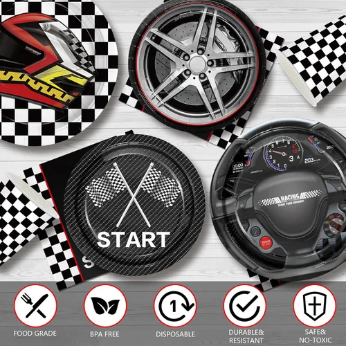 Miniatura 3 de Juego de 144 platos de carreras de autos de carreras, servilletas, suministros de fiesta, vasos de papel con temática de carreras, decoración