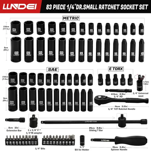 Miniatura 2 de LLNDEI Juego de llaves de impacto de trinquete de 1/4 pulgada de 83 piezas, llave de trinquete de 72T, juego de herramientas mecánicas CR-V