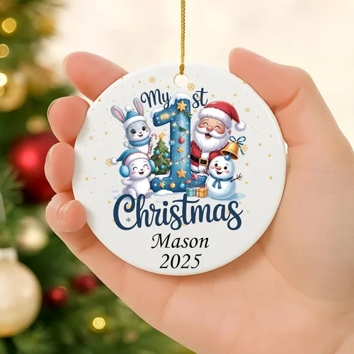 Miniatura 6 de Adorno personalizado de mi primera Navidad 2025 – Recuerdo redondo de cerámica con nombre personalizado – Decoración de árbol de Navidad para bebés