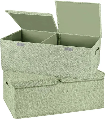 Miniatura 20 de Paquete de 2 Cajas de Almacenamiento Grandes con Tapas y Asas, Contenedores Organizadores Cestas Cubos de Almacenamiento de Lino Plegables con Crema