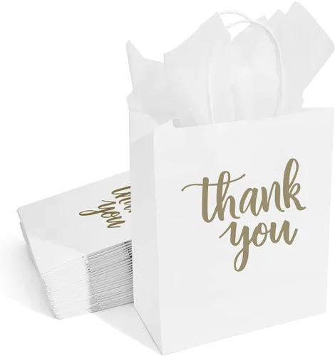 Miniatura 13 de DjinnGlory Paquete de 50 bolsas de papel de agradecimiento negras de tamaño mediano con asas de 10 x 8 x 4 pulgadas y papel de seda blanco para Negro