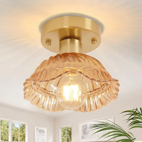 Miniatura 10 de Shenmoyl Luces de pasillo doradas de montaje semiempotrado con vidrio Scindapsus transparente, bombilla incluida, base de 4.72 pulgadas, lámpara