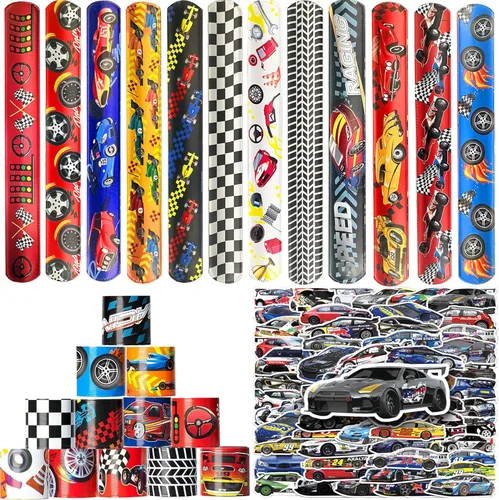 CZWXOXO 74 piezas de artículos para fiesta temática de carreras, 24 piezas de pulseras slap, 50 piezas de calcomanías, decoraciones para fiesta de