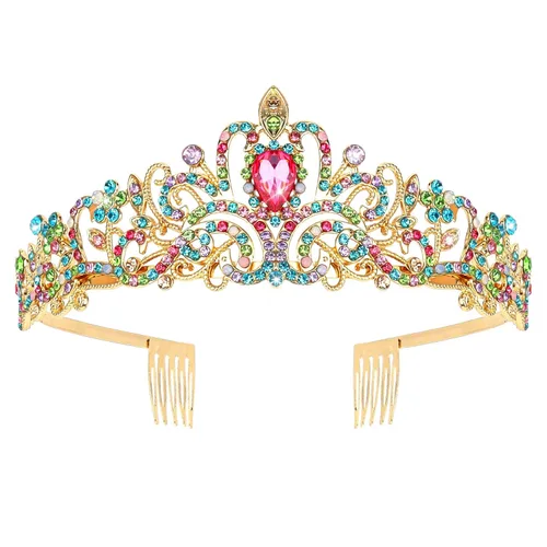 Tiaras y coronas doradas para mujer, corona de cumpleaños clásica con peines, elegantes regalos de fiesta de graduación para mujeres