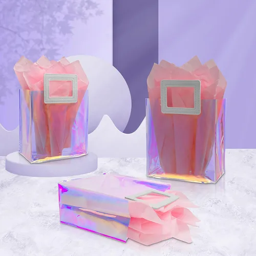 Miniatura 2 de Caleihd 12 bolsas de regalo holográficas transparentes con papel de seda, 7.9 x 7.1 x 3.9 pulgadas con asas, bolsas de golosinas, para Navidad