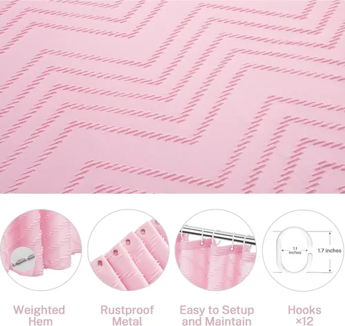Miniatura 6 de Siiluminisoy Cortina de ducha extralarga hecha de tela tejida, de estilo bohemio, de rayas chevrón y capitoné, color rosa, de 72x78 pulgadas