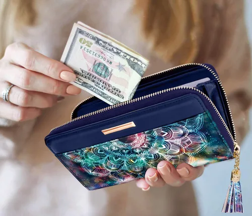 Miniatura 4 de Carteras para mujer, de piel sintética, tarjetero organizador con borla y correa de muñeca, Mándala, Casual