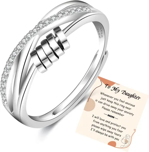 Miniatura 8 de PABBEU Anillo de ansiedad para mujer de plata de ley 925, anillo giratorio con circonita cúbica ajustable, anillo antiestrés para mujer Anillo