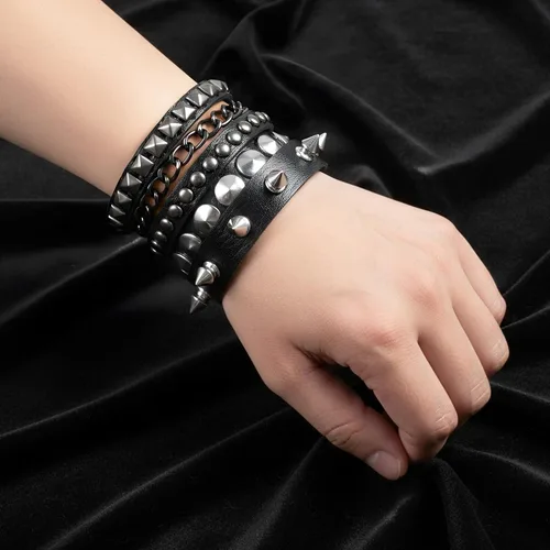 Miniatura 6 de Ptwola 3 pulseras de cuero punk rock con tachuelas, pulseras de joyería de cuero punk de los años 80, juego de pulseras góticas de los años 80