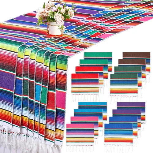 Miniatura 8 de Moukeren 16 caminos de mesa de serape mexicano, 14 x 84 pulgadas, arco iris, bohemio, con flecos, de algodón, decoración de fiesta temática mexicana