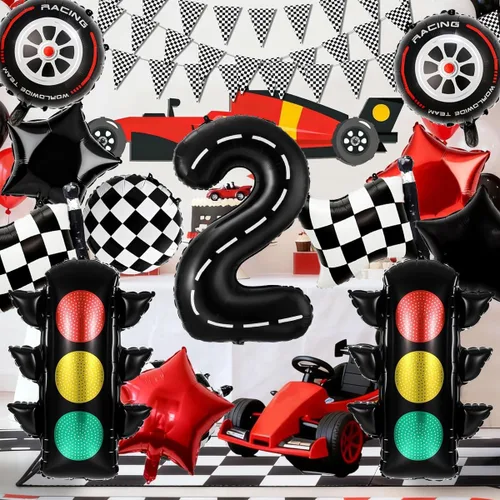 Miniatura 6 de Decoraciones de fiesta de cumpleaños de auto de carreras, globo negro número 2 de 40 pulgadas, globo de aluminio para decoración de cumpleaños