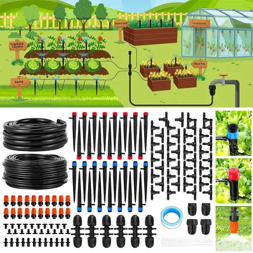 Kit automático de riego por goteo para invernadero, patio y jardín - Sistema de riego de micro nebulización con boquillas ajustables, temporizador y