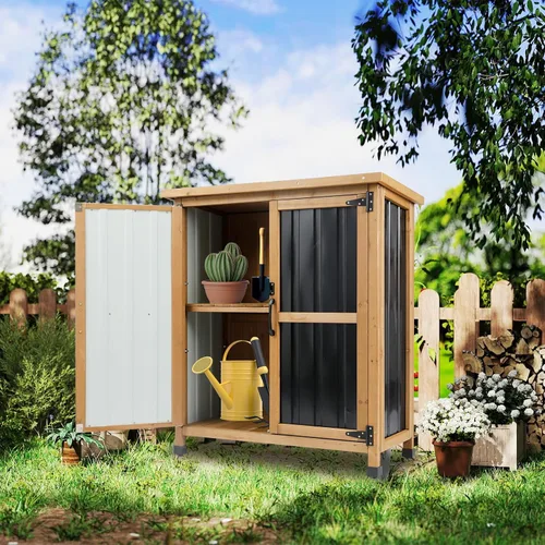 Miniatura 9 de Ketive Armario de almacenamiento para exteriores, pequeño gabinete de almacenamiento de herramientas de jardín de madera y metal con techo de Negro