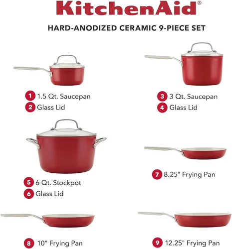 Miniatura 2 de KitchenAid Juego de utensilios de cocina antiadherentes de cerámica anodizada dura de 9 piezas, incluye sartenes, cacerola, olla, duradero, Empire
