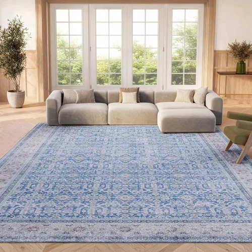 SAFAVIEH Washable Rug Tucson Collection - 6' x 9', Blue & Rust, Slip Resistant & Easy to Clean, Ideal for Living Room, Bedroom, Dining Space