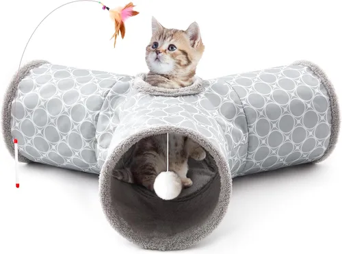 Miniatura 8 de Tempcore Túnel para gatos con tubo de juguete, túneles plegables de 3 vías para gatos, túneles para mascotas aburridas con agujero y pelota, juguete