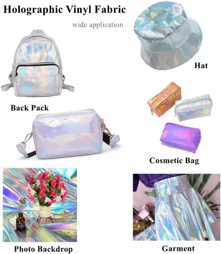 Miniatura 5 de 11.8"x53" Tela de cuero sintético holográfica, vinilo reflectante de espejo para lazos para el cabello, bolsas, manualidades de costura (Negro)