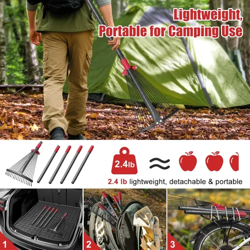 Miniatura 5 de Rastrillo plegable para hojas, rastrillo ajustable de mango largo de 70 pulgadas, cabeza de acero metálica expandible (8 a 17 pulgadas), rastrillos