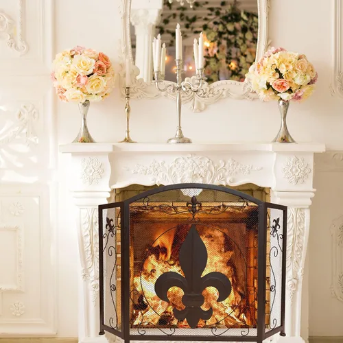Miniatura 5 de BestGiftEver Pantalla decorativa para chimenea de 3 paneles con diseño de flor de lis, marrón oscuro clásico, cubierta decorativa de malla de hierro