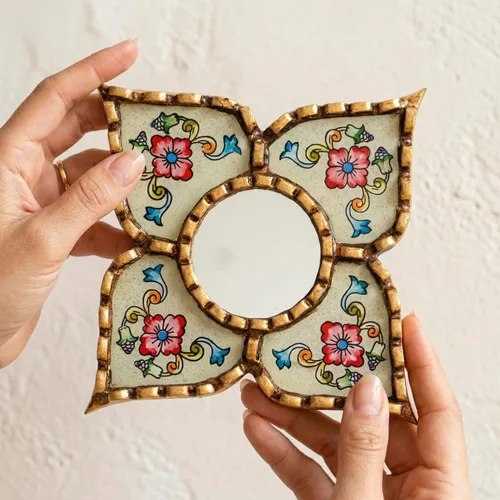 Miniatura 4 de Espejo peruano pequeño, espejo artesanal hecho a mano, decoración de pared de vidrio pintado inverso, espejos con forma de diamante de 8.26 pulgadas