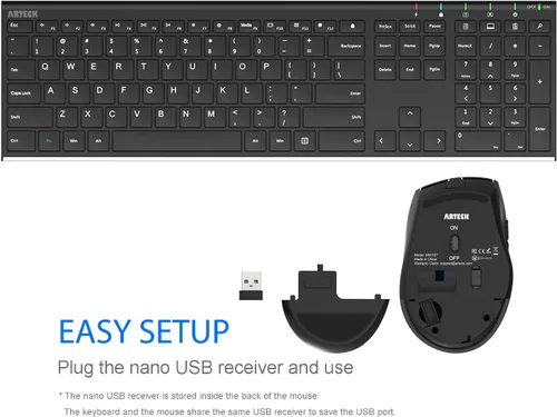 Miniatura 4 de Arteck Combo de teclado y mouse inalámbricos de 2.4 G, teclado de tamaño completo de acero inoxidable y mouse ergonómico con botones laterales