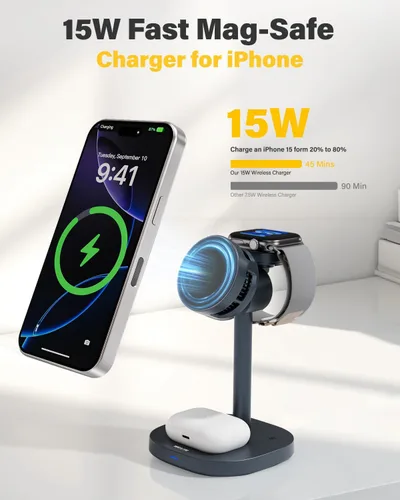 Miniatura 4 de Estación de carga inalámbrica 3 en 1 para soporte de cargador Apple MagSafe, cargador rápido Qi2 de 15 W para teléfono y reloj con refrigeración 15W