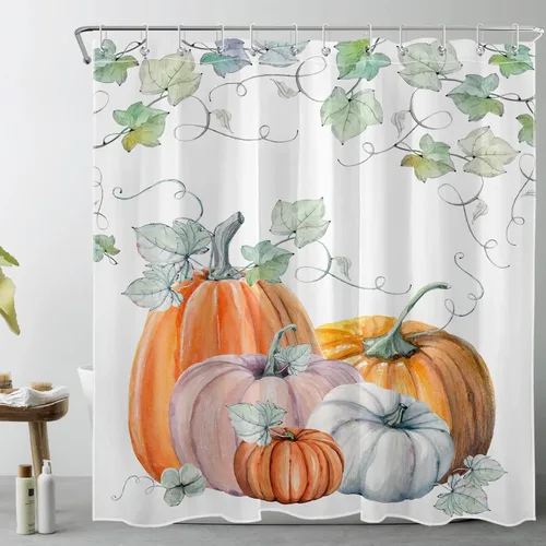 Miniatura 13 de LB Cortina de ducha de flores blancas y moradas para baño, lindo pájaro y hojas de otoño sobre tela beige con ganchos, juego botánico floral