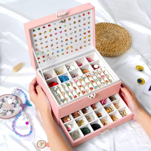 Miniatura 5 de QBestry Soporte para aretes para niñas, joyero para mujeres y niñas, organizador de aretes, caja organizadora de joyas con cerradura, caja